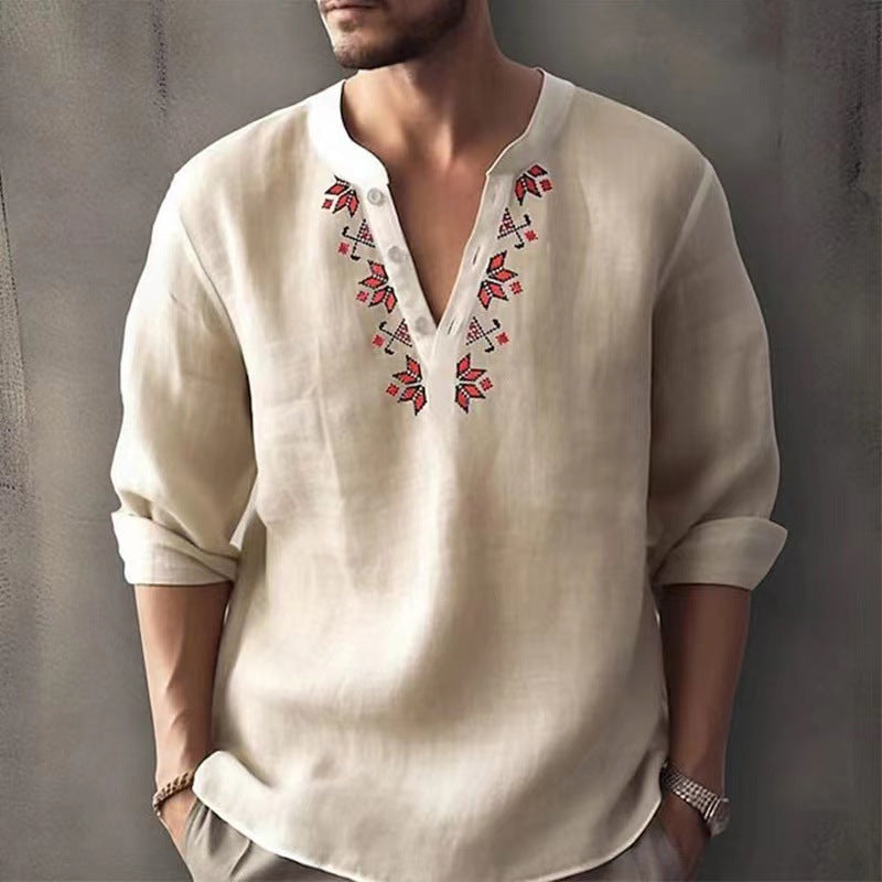 Casual Men's Henley Shirts Loose Shirt Thin Cotton Breathable Linen Tops - Carvan Mart