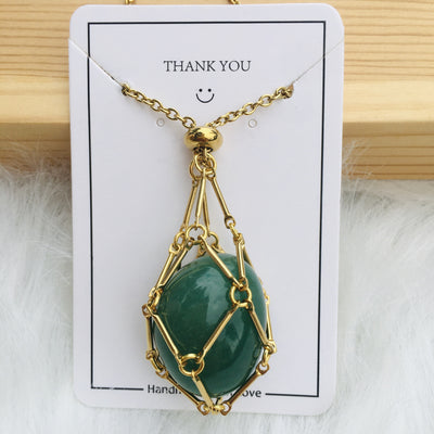 Fashion Jewelry Medium Natural Crystal Mesh Bag Bamboo Woven Necklace - Golden Green Aventurine - Necklaces - Carvan Mart