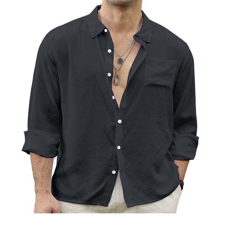 Trendy Linen Button-ups Men's Patchwork Cardigan Long Sleeve Shirt - Black - Men's Shirts - Carvan Mart