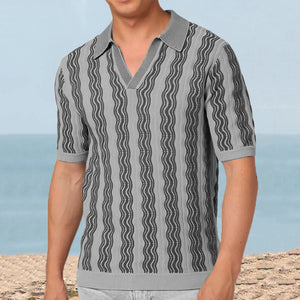 Men's Retro Striped Knit Polo Shirt - Stylish & Comfortable Summer Top - Gray - Men's Shirts - Carvan Mart