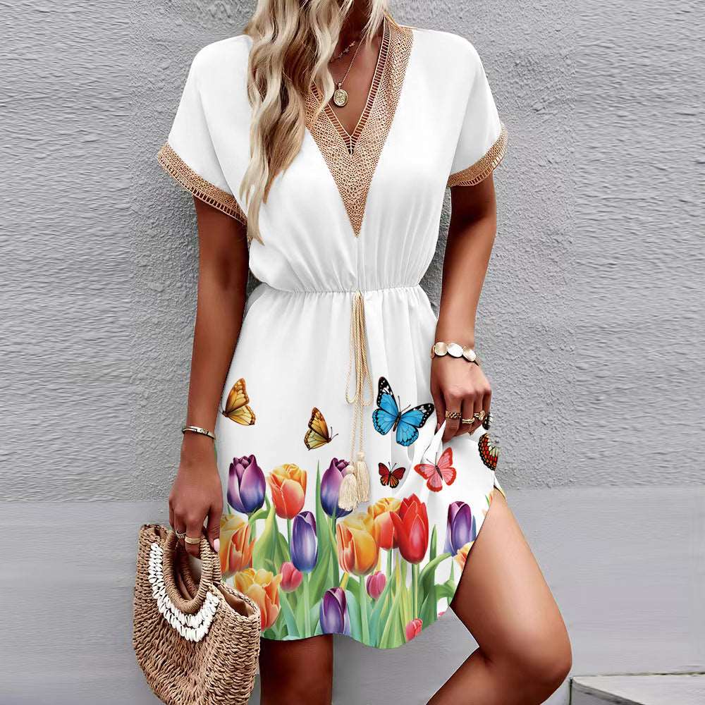 Beach Mini Dress 3D Printed Short Sleeve Tight Waist Women's Drop Waist Dress - Carvan Mart