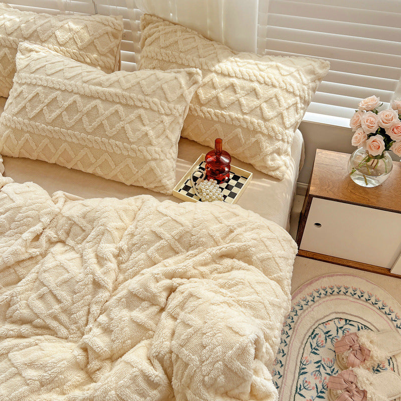 Four-piece Bed Set Thickened Warm Milk Fiber - Cream Yellow Basic Style - Bedding Sets - Carvan Mart