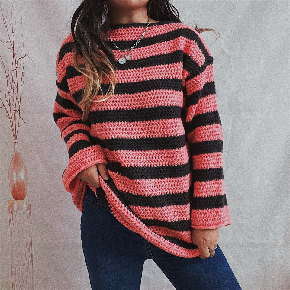 Women's Loose Off Shoulder Striped Long-sleeved Sweater - Pink - Sweaters - Carvan Mart