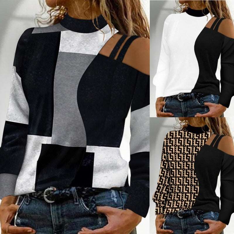 Autumn And Winter Simplicity Off-the-shoulder Colored Geometric Blocks Pattern Long Sleeve Top For Women - Carvan Mart