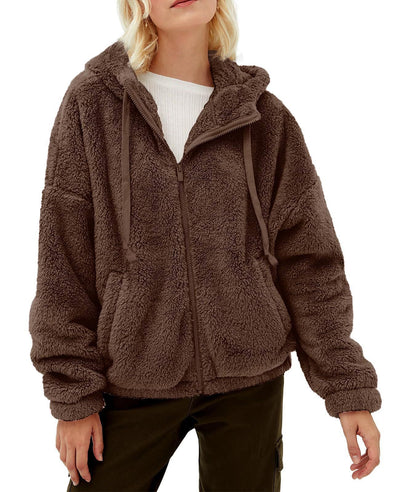 Casual And Comfortable Hooded Loose Zip Plush Pocket Sweatshirt - Brown - Women Hoodies & Sweatshirts - Carvan Mart