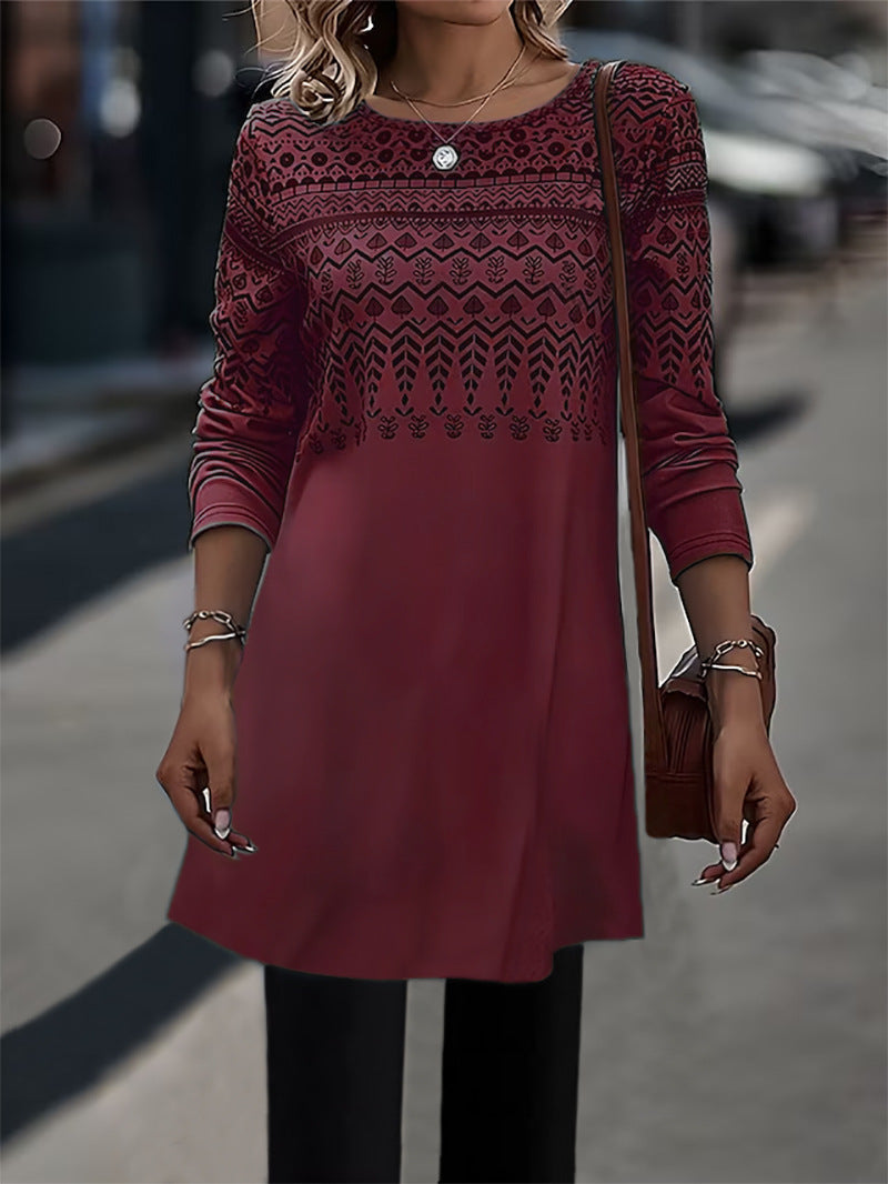 Women's Printed Long-sleeved Mid-length Knitted Top - Wine Red - Winter Tops - Carvan Mart