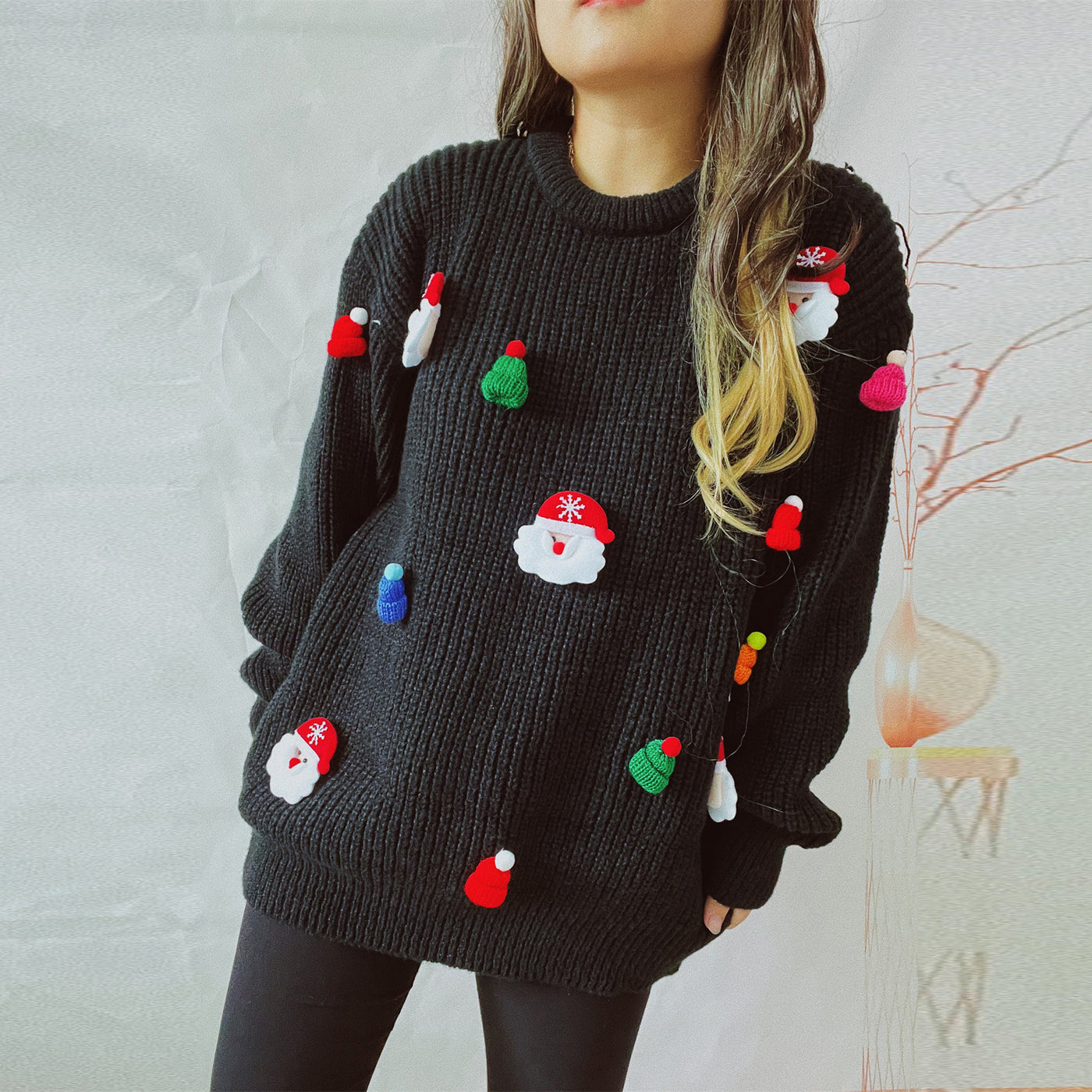 Women's Cute Fashion Santa Claus Three-dimensional Round Neck Long Sleeve Sweater - Black - Sweaters - Carvan Mart