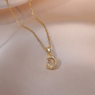 Fashion Jewelry Necklace Female Sweet Star Moon Zircon Geometric Niche - Gold Necklace With Pendant - Necklaces - Carvan Mart