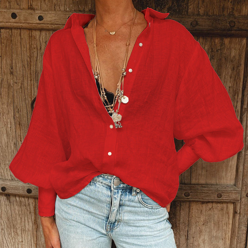 Women's Loose Cardigan Long Sleeve Cotton And Linen - Red - Tops & Tees - Carvan Mart