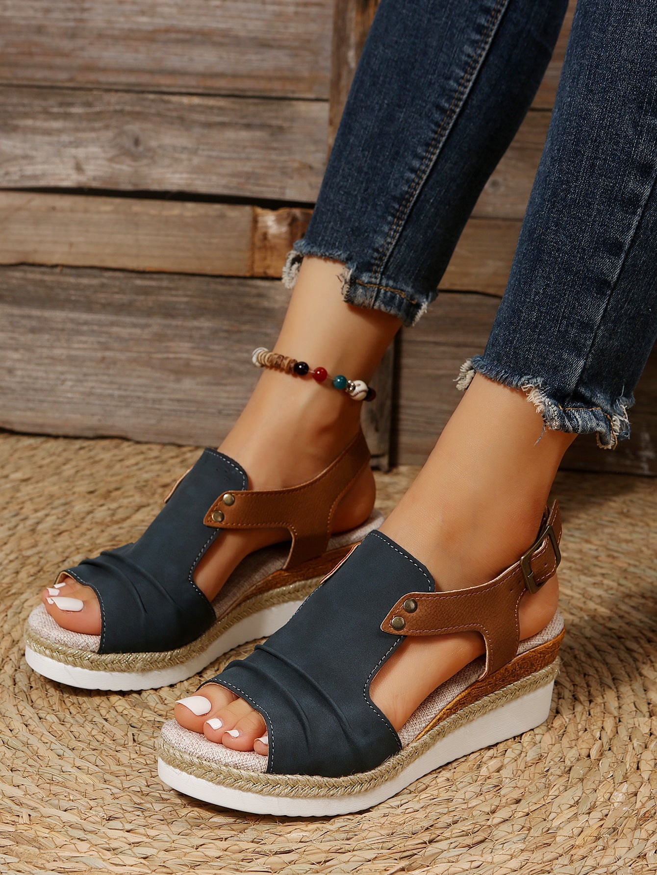Women's Stylish Peep Toe Wedge Pleated Belt Buckle Platform Sandals - Carvan Mart
