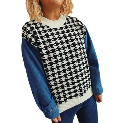 Women's Denim Sleeve Stitching Houndstooth Round Neck Long Sleeve Sweater - Carvan Mart