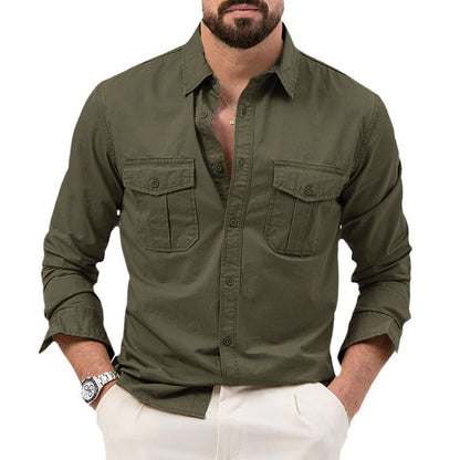 Men's Shirt Multi-pocket Solid Color Casual Long Sleeve Top