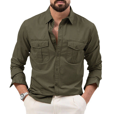 Men's Shirt Multi-pocket Solid Color Casual Long Sleeve Top - Carvan Mart