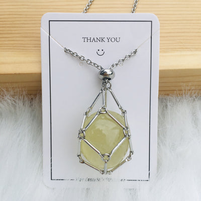 Fashion Jewelry Medium Natural Crystal Mesh Bag Bamboo Woven Necklace - Silver Citrine - Necklaces - Carvan Mart