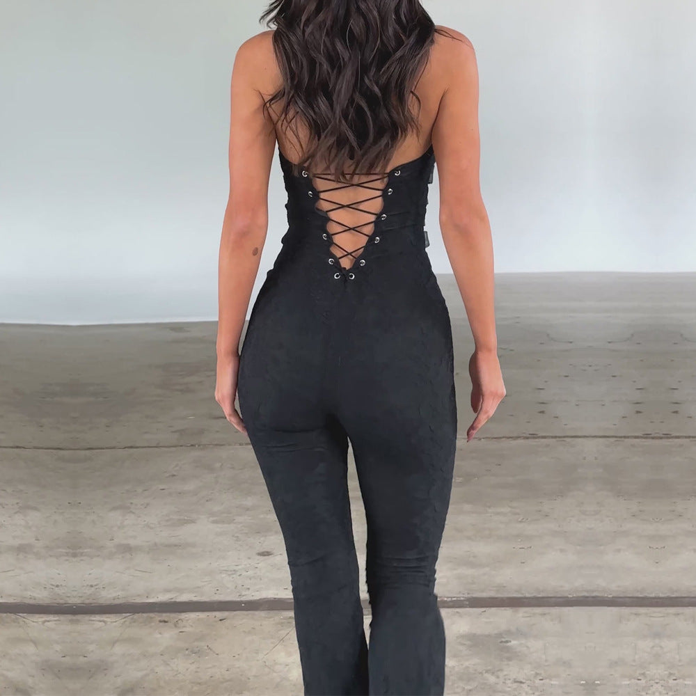 Women's Jumpsuit See Through Lash Rope Lace Up Slim Fit Jumpsuit - - Jumpsuits & Rompers - Carvan Mart