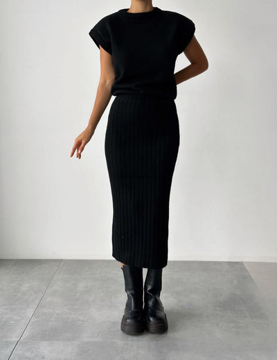Sweater Suit Women's Sleeveless Pullover Coat Skirt - Black - Suits & Sets - Carvan Mart
