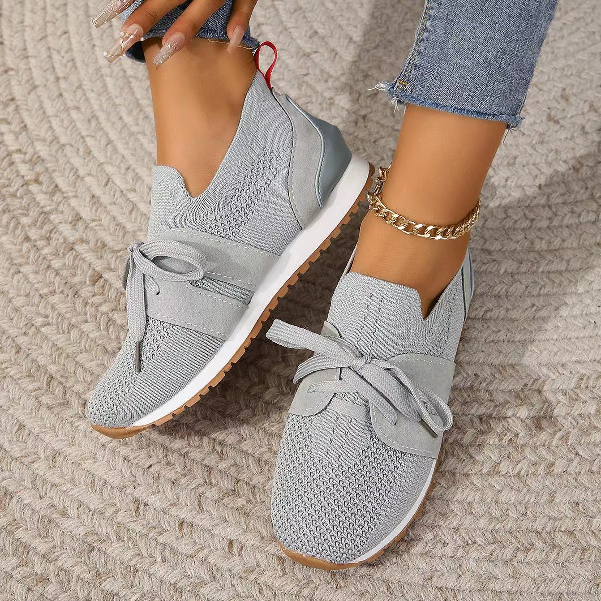 Women's Comfortable Fly Woven Mesh Lace-up Casual Shoes - Breathable Daily Sneakers - Light Gray - Women's Shoes - Carvan Mart