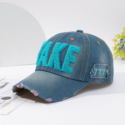 Fashionable Versatile Three-dimensional Embroidered Ripped Letter-printing Denim Baseball Cap - Sky Blue TAKE M Size 56 To 58cm - Men's Hats & Caps - Carvan Mart