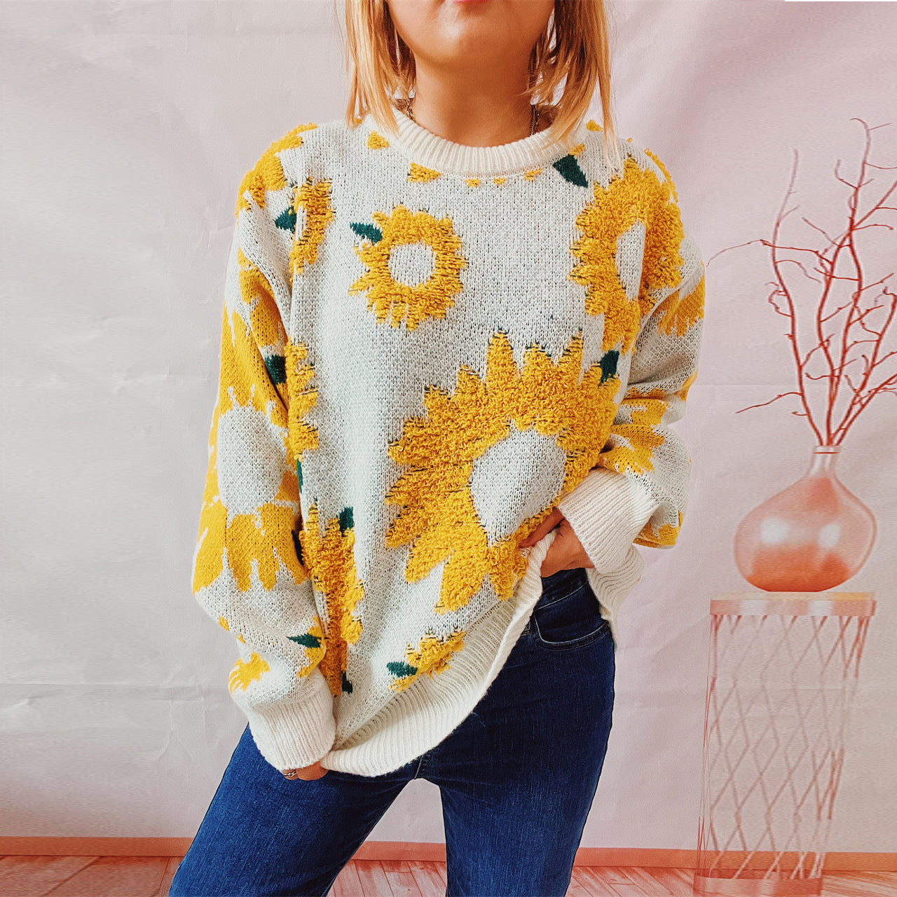 Women's Sweater Sunflower Jacquard Round Neck Long Sleeve Sweater - Carvan Mart