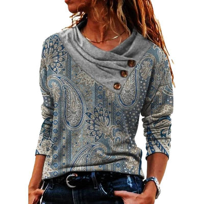 Women's Scarf Collar T-shirt With Long Sleeves Button Top - Carvan Mart