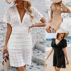 Deep V-neck Dress Wave Pattern Hollow Out Cover Up For Beach Dress - - Dresses - Carvan Mart