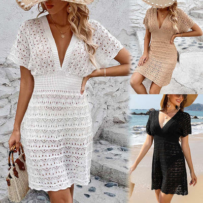Deep V-neck Dress Wave Pattern Hollow Out Cover Up For Beach Dress - Carvan Mart