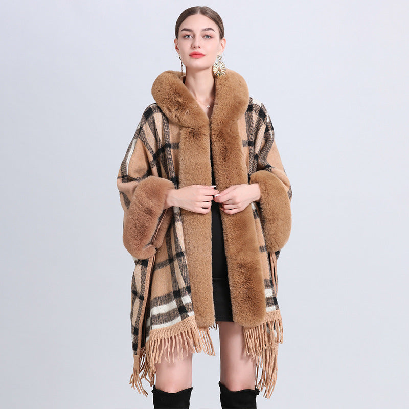 Women's Plaid Cashmere Fur Collar Cardigan Coat - Camel Plaid Average Size - Women's Coats & Jackets - Carvan Mart