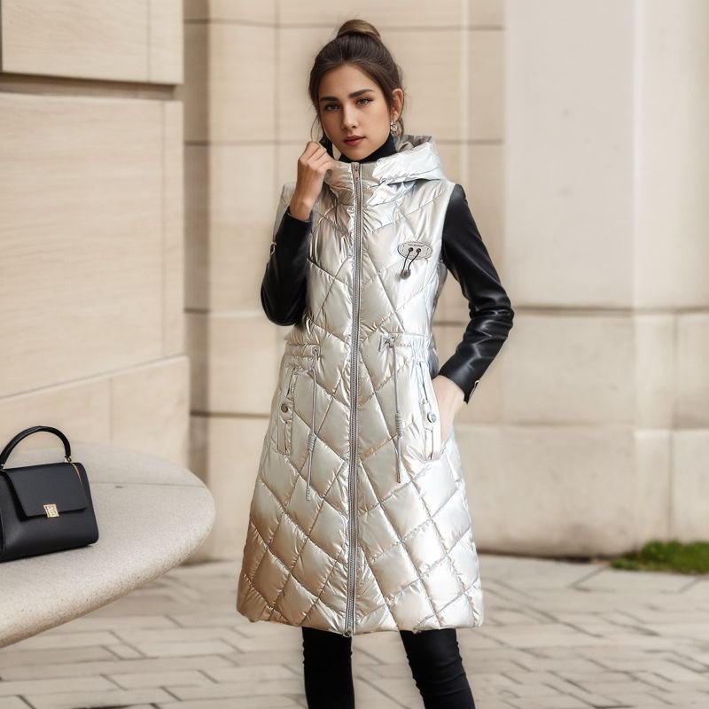 Mid-length Women's Glossy Cotton-padded Quilted Zipper Gilet Jacket Vest - Carvan Mart