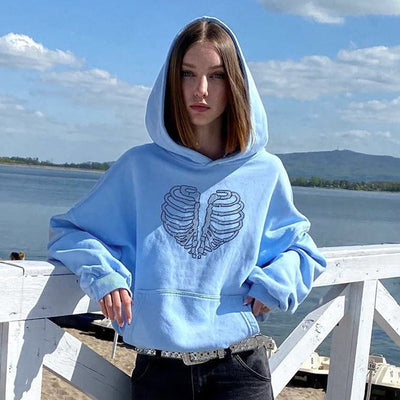 Women's Trendy Skeleton Rhinestone Loose Hooded Sweater - Blue - Women Hoodies & Sweatshirts - Carvan Mart