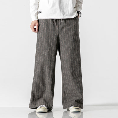 Linen Striped Harem Pants - Stylish High-Waist Wide-leg Trousers for Men - Dark Gray - Men's Pants - Carvan Mart