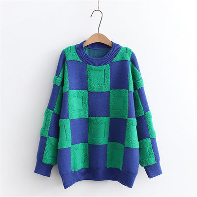 Women's Fashion Casual Chessboard Knitted Pullover Sweater - Carvan Mart
