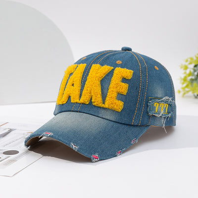 Fashionable Versatile Three-dimensional Embroidered Ripped Letter-printing Denim Baseball Cap - Yellow TAKE M Size 56 To 58cm - Men's Hats & Caps - Carvan Mart