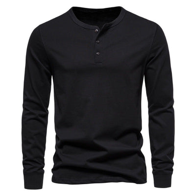 Modern Henley Neck Men's Long-Sleeve T-Shirt - Stylish Cotton Blend Pullover for Men - Black - Men's Shirts - Carvan Mart