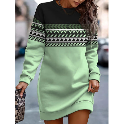 Women's Jumper Printed Contrast Color Round Neck Sweater Dress - Carvan Mart