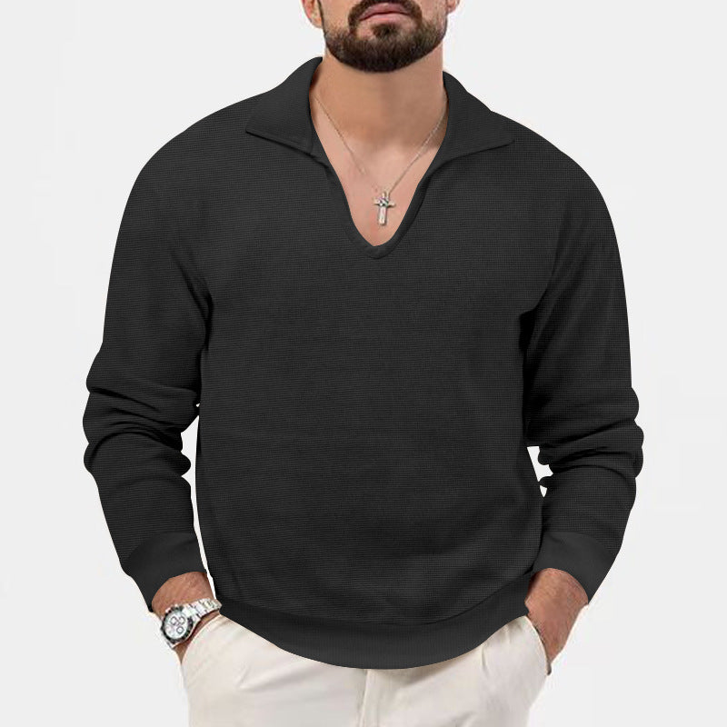 Waffle Casual Men's Henley Shirts Long-sleeved Loose T-shirt - Black - Men's Shirts - Carvan Mart