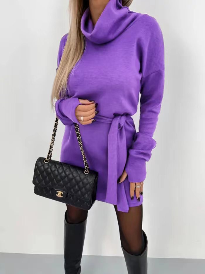 High Collar Belted Women's Long Sleeve Skirt - Purple - Tops & Tees - Carvan Mart