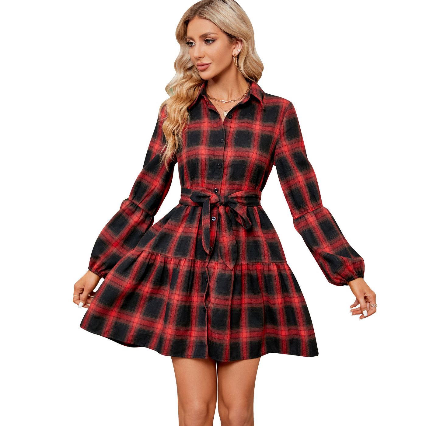 Women's Plaid Waist Dress - Adjustable Waist Cocktail Party Dress in Red and Black Stripes - Red And Black - Cocktail Dresses - Carvan Mart