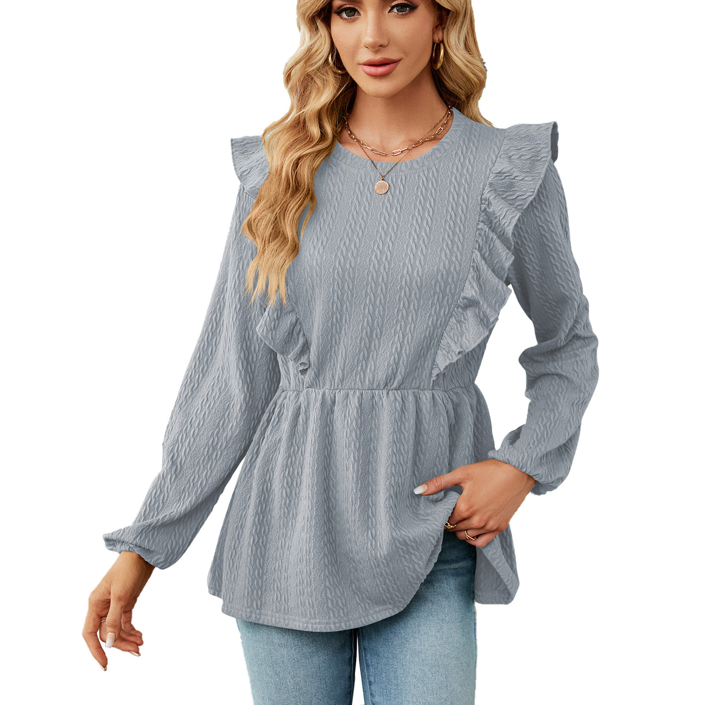 Women's Tops Next Patchwork Round Neck Long-sleeve T-shirt - Blue And Gray - Tops & Tees - Carvan Mart