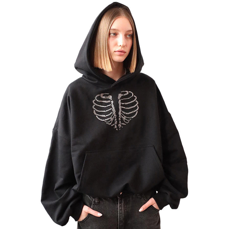 Women's Trendy Skeleton Rhinestone Loose Hooded Sweater - Carvan Mart