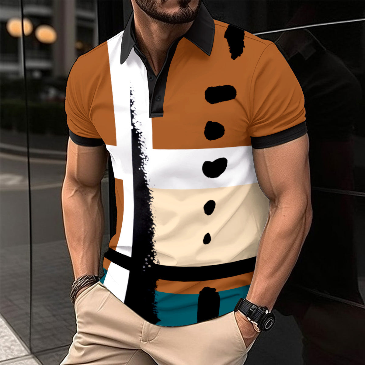 Striped Printed Men's Casual Polo Shirt - Stylish Summer Travel Wear - Light Brown - Men's Shirts - Carvan Mart