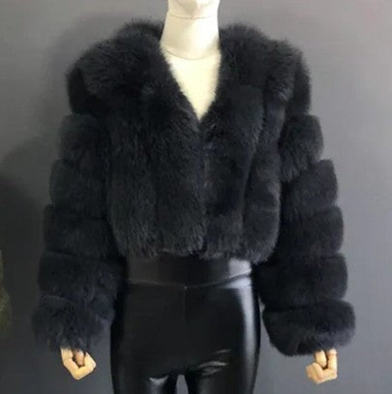 New Women's Coat Short Stitching Long Sleeve Fur Jacket - Dark Gray - Leather & Suede - Carvan Mart