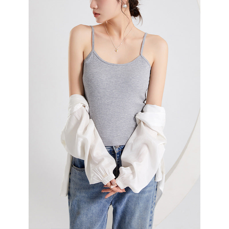 Built-in Pad Tank Top Women Round Neck Vest With Adjustable Chest Pad - Heather Gray - Tops & Tees - Carvan Mart