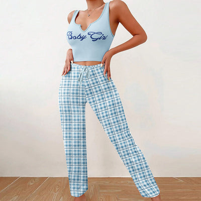 Women's Home Wear Vest Color Matching Plaid Trousers Letter Print Top Pajamas - Blue - Suits & Sets - Carvan Mart