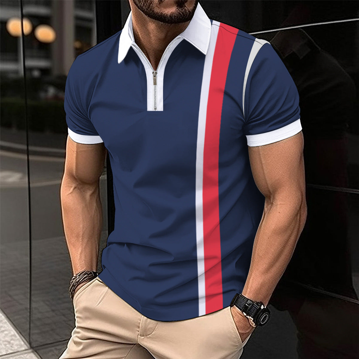 Striped Printed Men's Casual Polo Shirt - Stylish Summer Travel Wear - Navy Blue - Men's Shirts - Carvan Mart