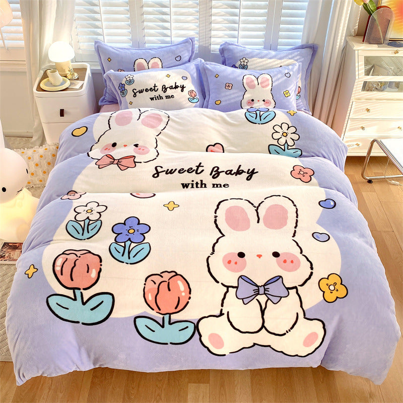 Large Version Milk Fiber Four-piece Set Autumn And Winter Thickening - Sweet Rabbit 18m Fitted Sheet - Bedding Sets - Carvan Mart