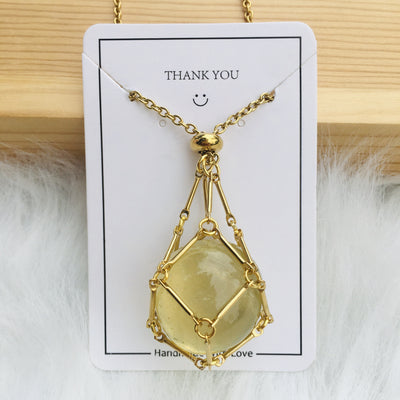 Fashion Jewelry Medium Natural Crystal Mesh Bag Bamboo Woven Necklace - Golden Citrine - Necklaces - Carvan Mart