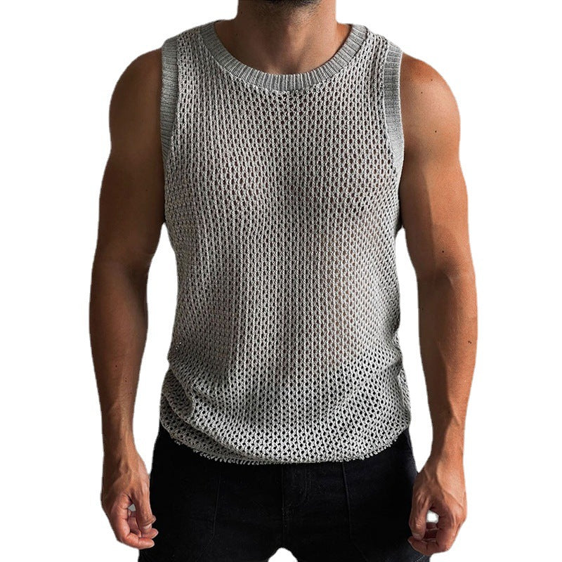 Men's Shirt Round Neck Sleeveless Hollow Knitted Vest - Carvan Mart