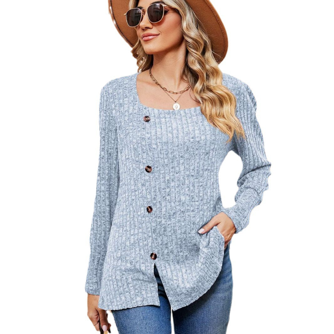 Women's Casual Loose Square Collar Button Long Sleeve Top - Carvan Mart