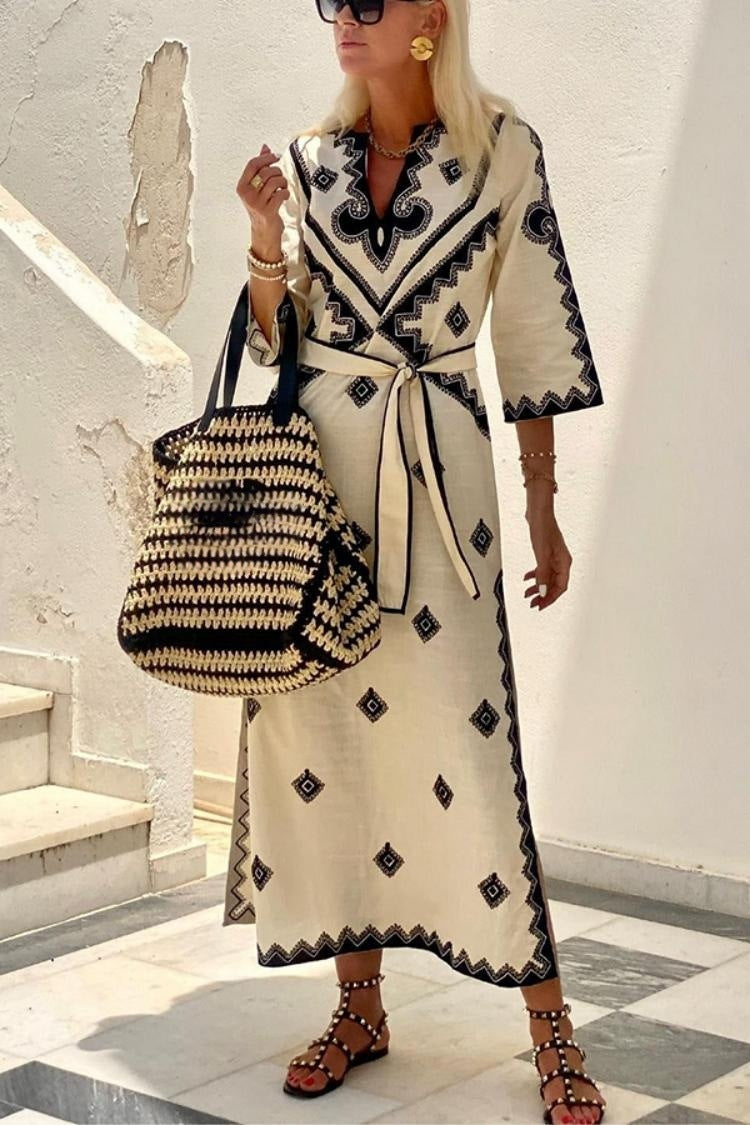 Bohemian Linen Dress Printed Summer Long Dress with Belt - Carvan Mart