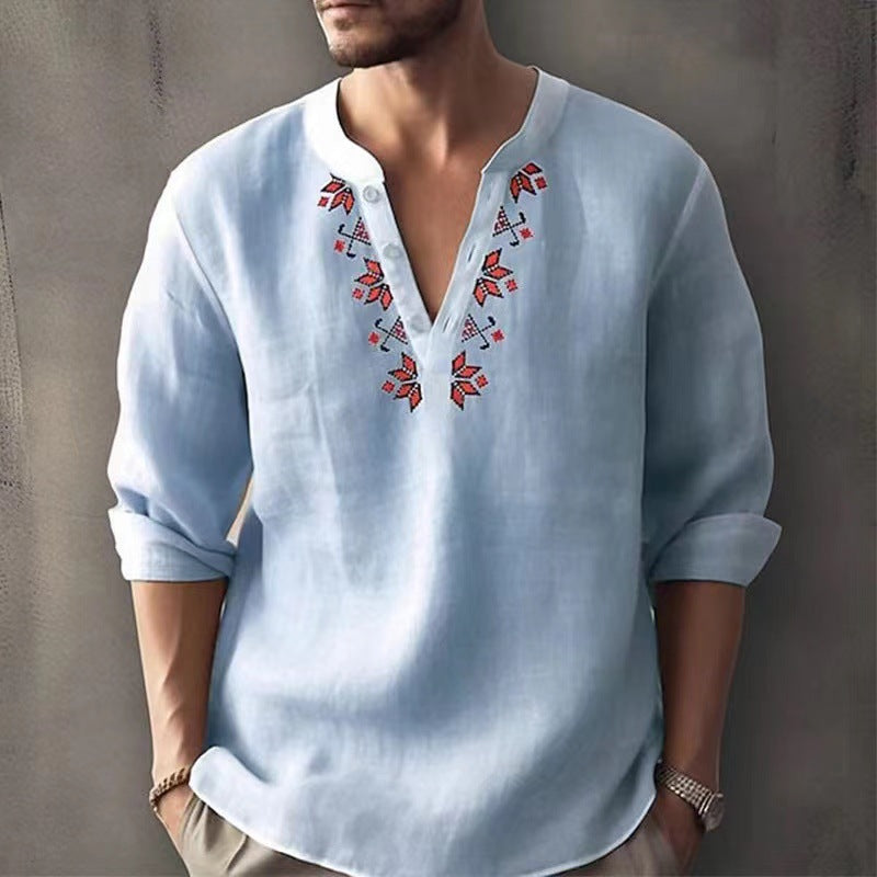 Casual Men's Henley Shirts Loose Shirt Thin Cotton Breathable Linen Tops - Sky Blue - Men's Shirts - Carvan Mart